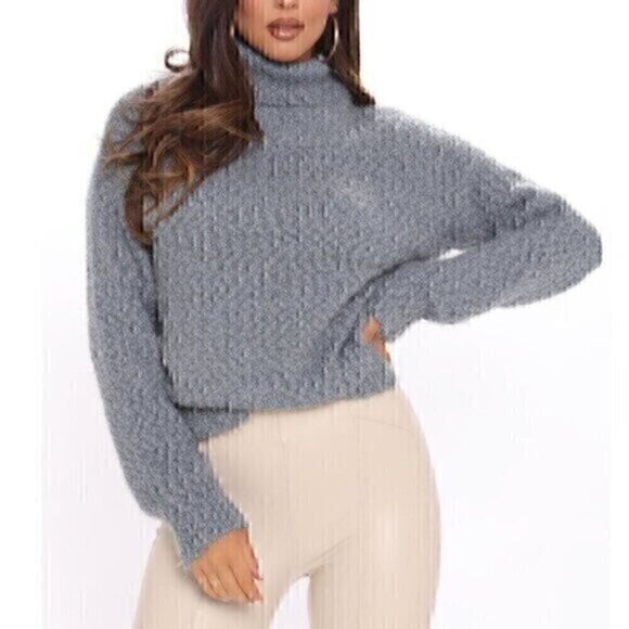 FASHION NOVA Bonfire Dates Turtleneck Sweater Solid Blue Fuzzy Knit Pullover S - Picture 1 of 12